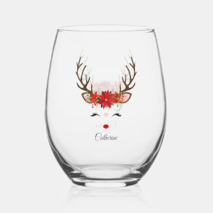 Floral Christmas Reindeer Personalised Name Stemless Wine Glass