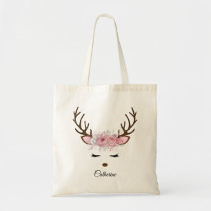 Floral Christmas Reindeer Personalised Name Tote Bag