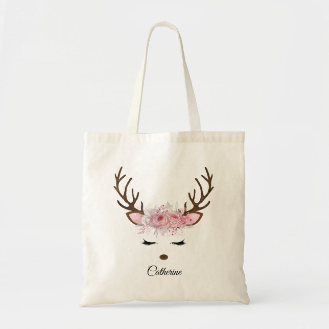 Floral Christmas Reindeer Personalised Name Tote Bag (Front)