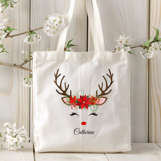 Floral Christmas Reindeer Personalised Name Tote Bag (Creator Uploaded)
