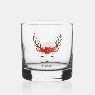 Floral Christmas Reindeer Personalised Name Whiskey Glass