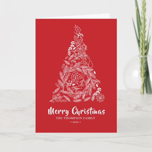 Floral Christmas Tree | Poinsettia Pine Bough Red Holiday Card (Front)