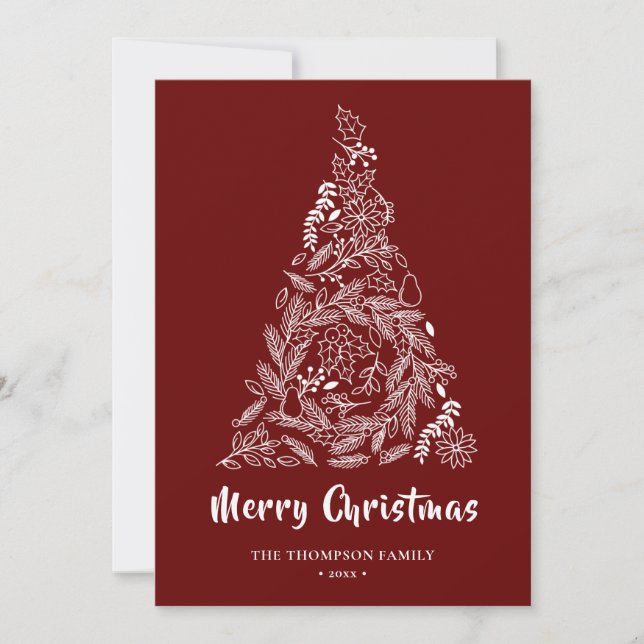 Floral Christmas Tree | Poinsettia Pine Bough Red Holiday Card (Front)