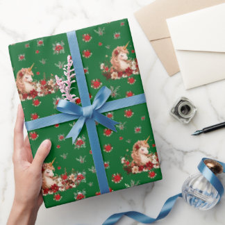 Floral Christmas Unicorn Green Girl Wrapping Paper