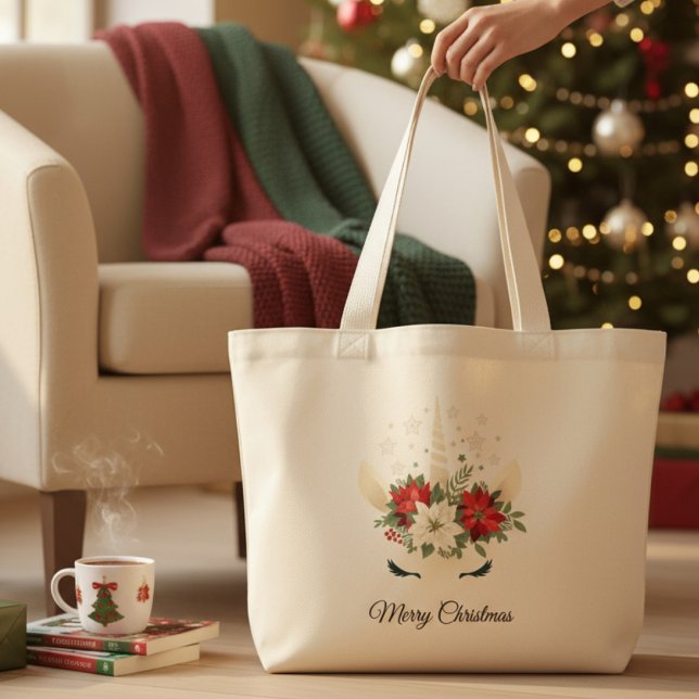 Floral Christmas Unicorn | Merry Christmas Large Tote Bag (Creator Uploaded)