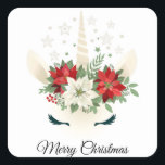 Floral Christmas Unicorn | Merry Christmas Square Sticker<br><div class="desc">This design features a gorgeous floral Christmas unicorn with poinsettias as a crown. The text "Merry Christmas" is written in popular black typography.
#unicorn #christmas #holidays #seasonal #floral #fantasy #cute #girly #giftwrapping</div>