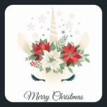 Floral Christmas Unicorn | Merry Christmas Square Sticker<br><div class="desc">This design features a gorgeous floral Christmas unicorn with poinsettias as a crown. The text "Merry Christmas" is written in popular black typography.
#unicorn #christmas #holidays #seasonal #floral #fantasy #cute #girly #giftwrapping</div>
