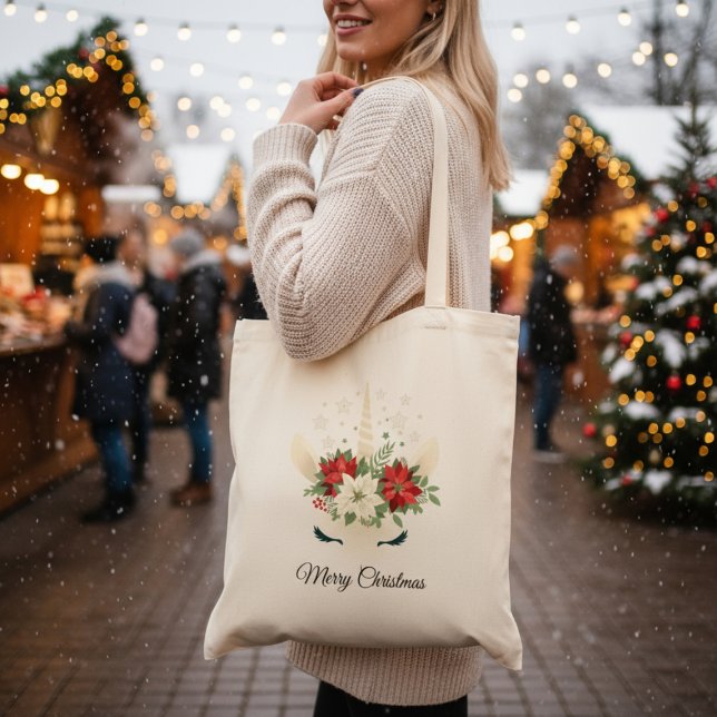 Floral Christmas Unicorn | Merry Christmas Tote Bag (Creator Uploaded)