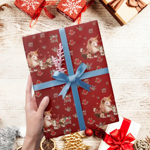 Floral Christmas Unicorn Red Girl Wrapping Paper