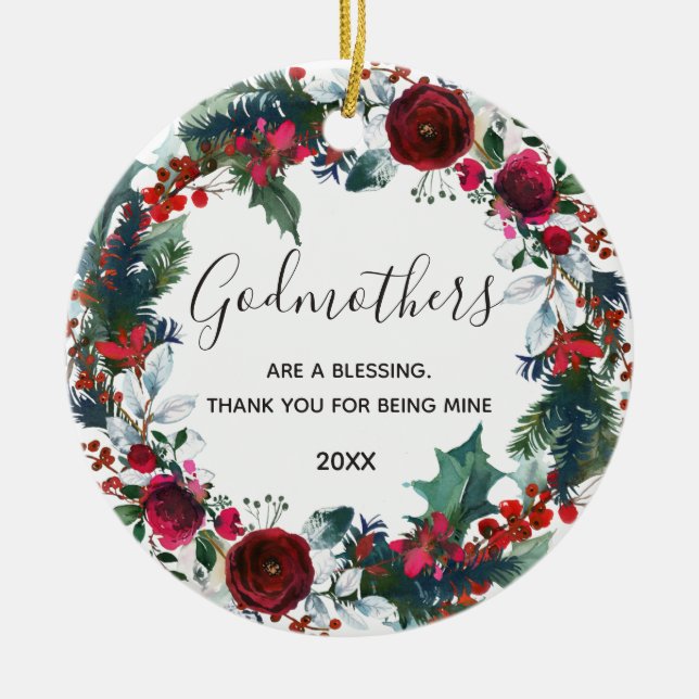 Floral Christmas Winter Red Wreath Godmothers Ceramic Ornament (Front)