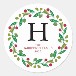 Floral Christmas Wreath Family Monogrammed Name Classic Round Sticker