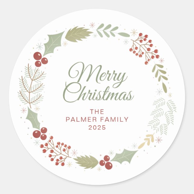 Floral Christmas Wreath Family Name Classic Round Sticker (Front)