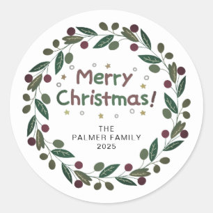 Floral Christmas Wreath Family Name Classic Round Sticker