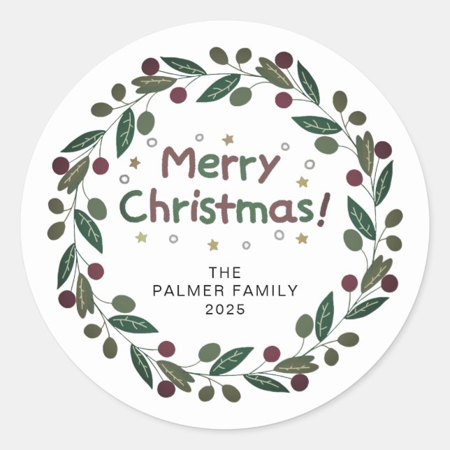 Floral Christmas Wreath Family Name Classic Round Sticker (Front)