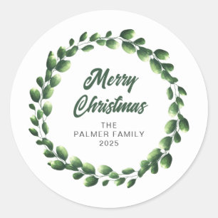 Floral Christmas Wreath Family Name Classic Round Sticker