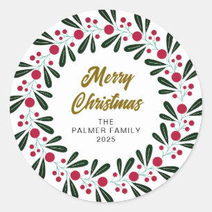 Floral Christmas Wreath Family Name Classic Round Sticker