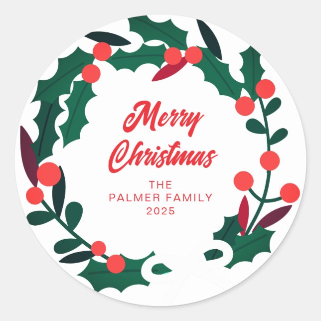 Floral Christmas Wreath Family Name Classic Round Sticker (Front)