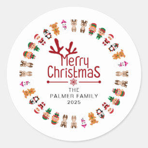 Floral Christmas Wreath Family Name Classic Round Sticker