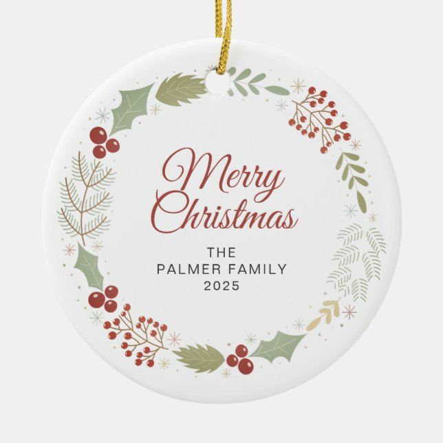 Floral Christmas Wreath Family Photo Ceramic Ornament (Front)