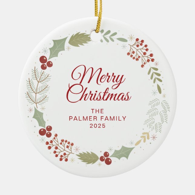 Floral Christmas Wreath Family Photo Ceramic Ornament (Front)