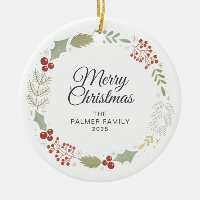 Floral Christmas Wreath Family Photo Ceramic Ornament (Front)