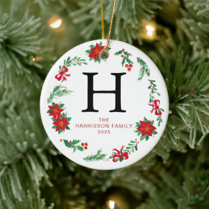 Floral Christmas Wreath Monogrammed Family Photo Ceramic Ornament