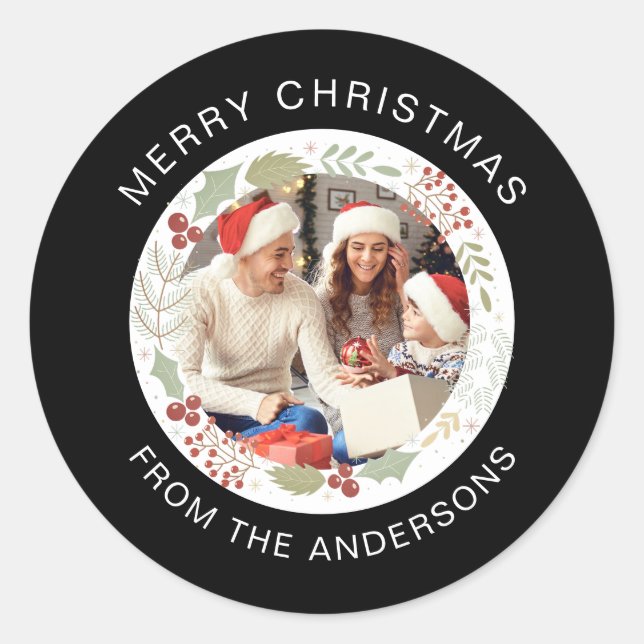 Floral Christmas Wreath Photo Family Name Classic Round Sticker (Front)