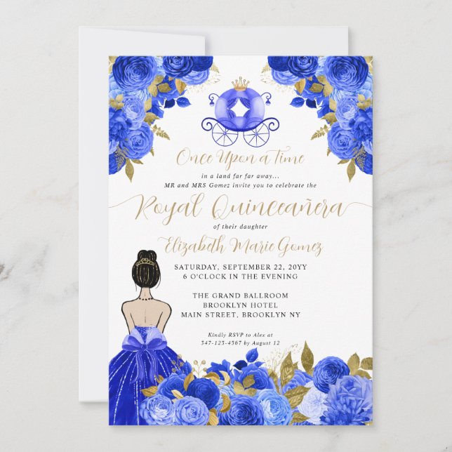 Floral Cinderella Princess Royal Blue Quinceanera Invitation (Front)