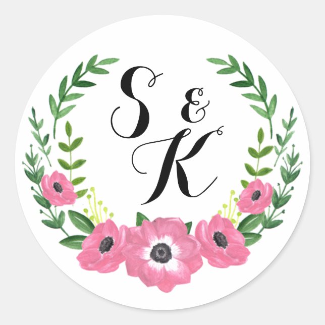 Floral circle monogram sticker wedding favours (Front)
