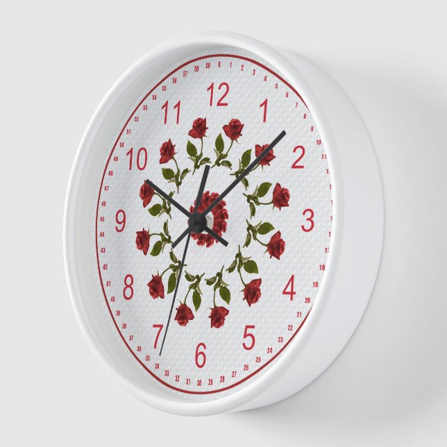 Floral Circle of Red Roses, White Lattice Pattern Wall Clock (Angle)