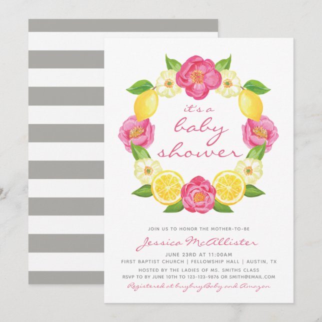 Floral Citrus Yellow Pink Rose Girl Baby Shower Invitation (Front/Back)