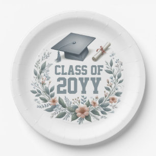 Floral Class of with Graduation Cap and Diploma Paper Plate