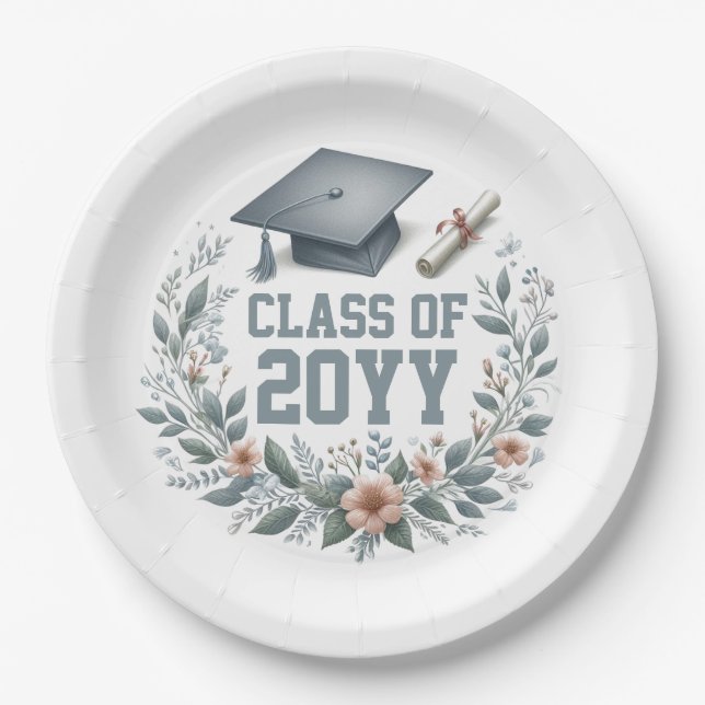 Floral Class of with Graduation Cap and Diploma Paper Plate (Front)