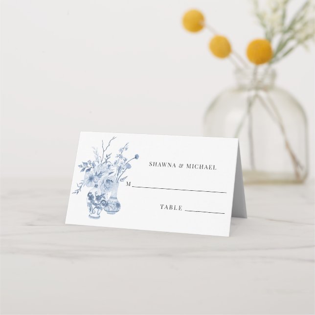 Floral Classic Blue and White Wedding Reception Place Card (Front)