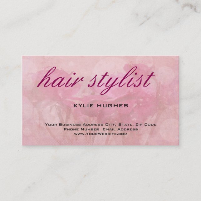 Floral Classical Pink Calligraphy Hair Stylist Business Card (Front)