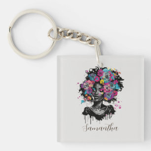 Floral Classy Afro Woman Key Ring