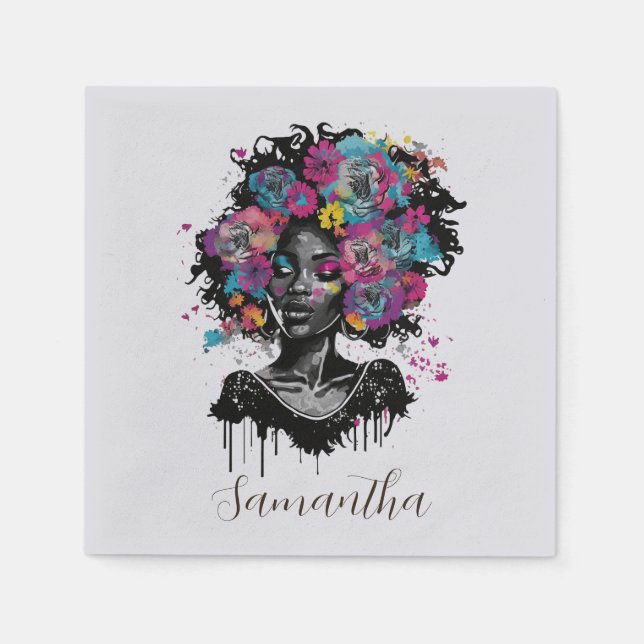 Floral Classy Afro Woman Napkin (Front)