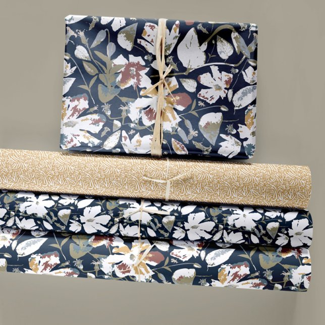 Floral Clematis Decoupage Wrapping Paper Sheet (Elegant Floral Trio Navy Rust Clematis Flowers Wrapping Paper Sheets by Studio Posies.)
