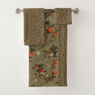 Floral Clusters in Orange-Red Roses Bath Towel Set