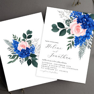Floral Cobalt Blue Pink Garden Elegant Wedding Invitation