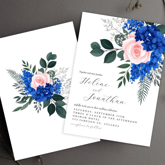Floral Cobalt Blue Pink Garden Elegant Wedding Invitation (Floral Cobalt Blue Pink Garden Elegant Wedding Invitation)