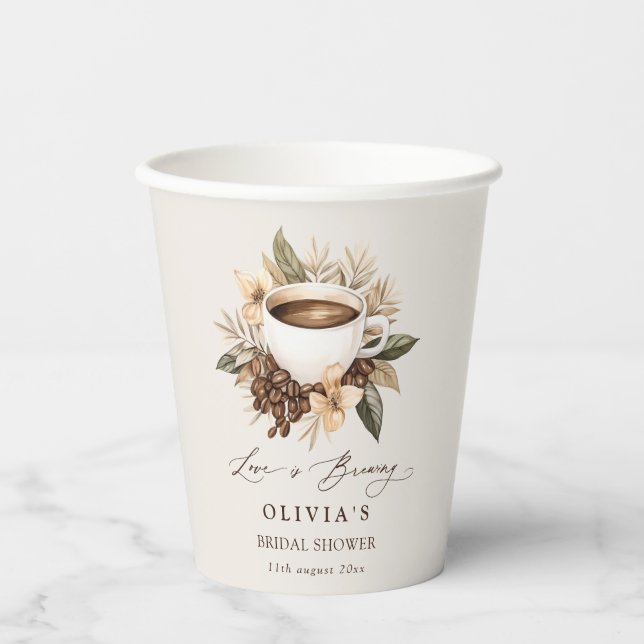 Floral Coffee Love is Brewing Bridal Shower Paper Cups (Front)