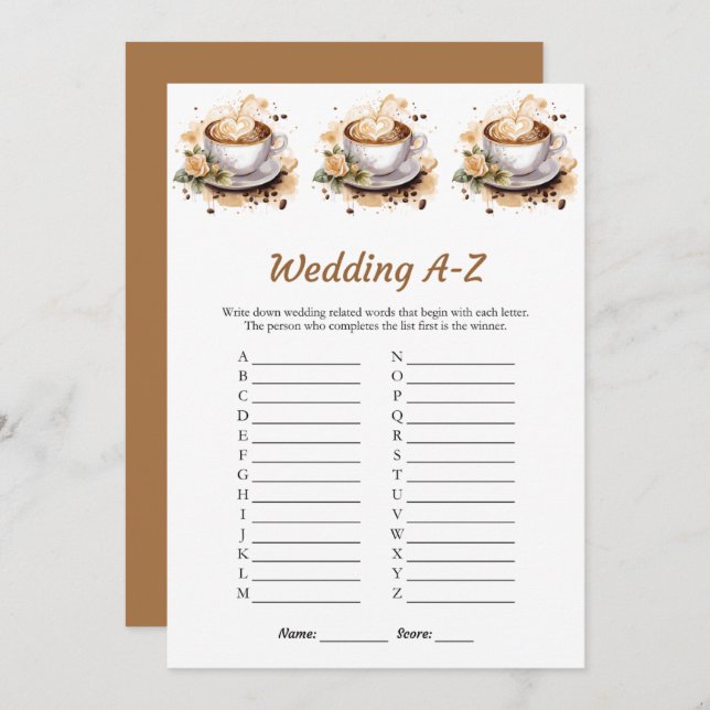Floral Coffee Wedding A-Z Bridal Shower Game Card  (Front/Back)