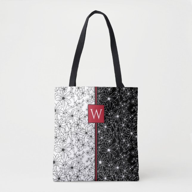 Floral Colour Block Pattern Black White & Monogram Tote Bag (Front)