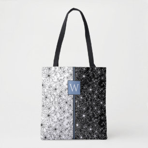 Floral Colour Block Pattern Black White & Monogram Tote Bag