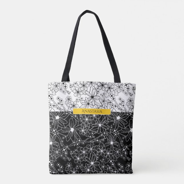 Floral Colour Block Pattern Black White with Name Tote Bag (Back)