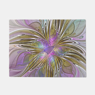 Floral Colourful Abstract Fractal Art Pink & Gold Doormat