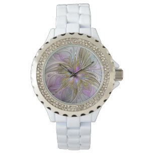 Floral Colourful Abstract Fractal Art Pink & Gold Watch