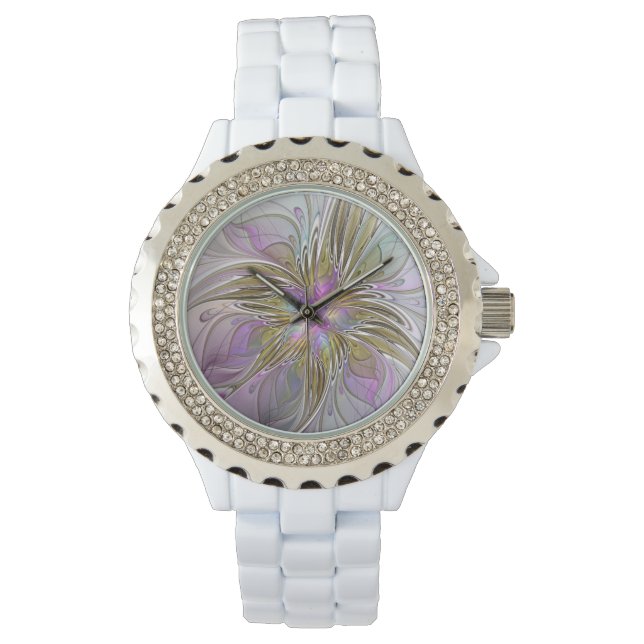 Floral Colourful Abstract Fractal Art Pink & Gold Watch (Front)