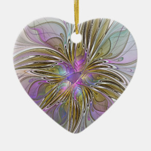 Floral Colourful Abstract Fractal Pink & Gold Ceramic Ornament